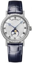 Женские классические часы Breguet Classique 9088BB_52_964_DD0D с фазой Луны в белом золоте с бриллиантовым рантом, с перламутровым и гильошированным циферблатом, на синей коже кроко.