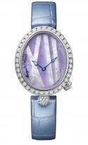 Женские классические часы Breguet Reine de Naples 9818BB_5V_922_DD0D в белом золоте с бриллиантовым рантом, перламутровый фиолетовый циферблат, кожаный ремешок.