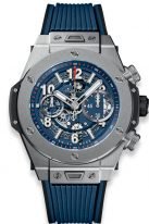 Мужские часы Hublot Big Bang 411_NX_5179_RX хронограф с датой в титановом корпусе, на скелетированном матовом синем циферблате часовые метки и стрелки покрытые люминесцентом, синий каучук.