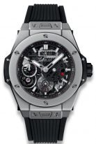 Мужские часы Hublot Big Bang 414_NI_1123_RX с запасом хода в титановом корпусе, на матовом черном скелетированном циферблате часовые метки и широкие стрелки, покрытые люминесцентом, черный каучук.