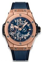 Мужские часы Hublot Big Bang 414_OI_5123_RX с запасом хода в розовом золоте, на матовом синем скелетированном циферблате часовые метки и широкие стрелки, покрытые люминесцентом, синий каучук.