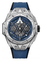Мужские часы Hublot Big Bang 418_NX_5107_RX_MXM20 в титановом корпусе, на синем матовом циферблате восьмиугольный крутящийся каркас от "Maxime Buchi" с люминесцентным составом, синий каучуковый ремешок.