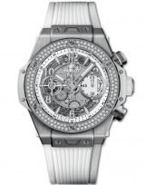 Женские часы Hublot Big Bang 441_NE_2010_RW_1104 хронограф с датой в титановом корпусе, на скелетированном матовом светлом циферблате часовые маркеры и стрелки покрытые люминесцентом, белый каучук.