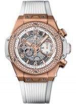 Женские часы Hublot Big Bang 441_OE_2010_RW_1104 хронограф с датой в розовом золоте с бриллиантовым рантом, на скелетированном матовом циферблате золотые часовые маркеры и стрелки покрытые люминесцентом, белый каучук.