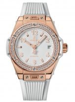 Женские часы Hublot Big Bang 465_OE_2080_RW_1204 с датой в розовом золоте с бриллиантовым рантом, на белом матовом циферблате накладные часовые метки и широкие стрелки с люминесцентным составом, белый каучук.