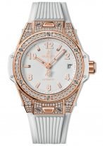 Женские наручные часы Hublot Big Bang 465_OE_2080_RW_1604 с датой в розовом золоте с бриллиантовым рантом, на белом матовом циферблате накладные часовые метки и широкие стрелки с люминесцентным составом, белый каучук.