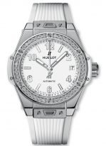 Женские наручные часы Hublot Big Bang 465_SE_2010_RW_1204 с датой в стальном корпусе с бриллиантовым рантом, на белом матовом циферблате накладные часовые метки и широкие стрелки с люминесцентным составом, белый каучук.