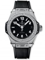 Женские наручные часы Hublot Big Bang 465_SX_1170_RX_1204 с датой в стальном корпусе с бриллиантовым рантом, на черном матовом циферблате накладные часовые метки с люминесцентным составом, черный каучук.