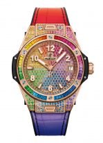 Женские часы Hublot Big Bang 465_OX_9910_LR_0999 в розовом золоте с безелем из цветных камней, цветной циферблат, многоцветная кожа кроко
