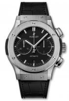 Мужские часы Hublot Classic Fusion 521_NX_1171_LR хронограф с датой в титановом корпусе, на черном матовом циферблате сатинированные часовые метки с родиевым покрытием и сатинированные стрелки, черная кожа кроко.