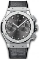 Мужские часы Hublot Classic Fusion 521_NX_7071_LR хронограф с датой в титановом корпусе, на сером матовом циферблате сатинированные часовые метки с родиевым покрытием и сатинированные стрелки, серая кожа кроко.