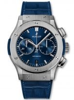 Мужские наручные часы Hublot Classic Fusion 521_NX_7170_LR хронограф с датой в титановом корпусе, на синем матовом циферблате сатинированные часовые метки с родиевым покрытием и сатинированные стрелки, синяя кожа кроко.