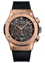 Мужские часы Hublot Classic Fusion 525_OX_0180_LR с хронографом и датой в розовом золоте, на скелетированном  циферблате часовые метки с золотым покрытием и сатинированные стрелки, черная кожа кроко.