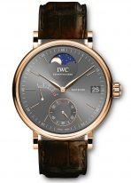 Мужские наручные часы IWC Portofino IW516403 с запасом хода и фазами Луны в розовом золоте, на грифельно-сером циферблате золотые метки и стрелки, коричневый ремешок кроко.