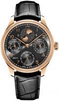 Мужские наручные часы IWC Portugieser IW503404 с вечным календарем, фазами Луны и запасом хода в розовом золоте, на грифельно-сером циферблате арабские цифры с родиевым покрытием, метки и тонкие стрелки, кроко.