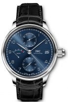 Мужские наручные часы IWC Portugieser IW515301 хронограф в стальном корпусе, на синем циферблате углубленные счетчики хронографа, арабские цифры и стрелки, черная кожа кроко.