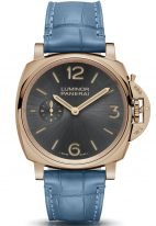 Мужские/женские классические часы Panerai Luminor Due PAM00677 в розовом золоте, темный циферблат с лучистой отделкой с арабскими цифрами, метками и стрелками, голубая кожа кроко