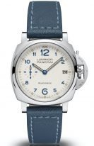 Женские классические часы Panerai Luminor Due PAM00903 в стальном корпусе, на белоснежном циферблате печатные арабские цифры, люминесцентные метки и стрелки, голубой телячий ремешок.