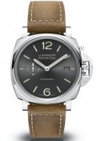 Мужские классические часы Panerai Luminor Due PAM00904 в стальном корпусе, на антрацитном циферблате с сатинированием арабские цифры, люминесцентные метки и стрелки, телячий коричневый ремешок.