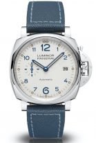 Мужские классические часы Panerai Luminor Due PAM00906 в стальном корпусе, на циферблате цвета слоновой кости голубые арабские цифры, люминесцентные метки и стрелки, синий телячий ремешок.