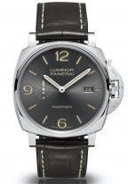 Мужские классические часы Panerai Luminor Due PAM00943 в стальном корпусе, на антрацитном циферблате арабские цифры, люминесцентные метки и стрелки, коричневая кожа кроко.