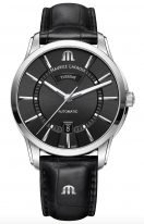 Мужские наручные часы Maurice Lacroix Pontos-PT6358_SS001_330_1 с датой и днем недели в стальном корпусе, на темном циферблате люминесцентные  метки и стрелки, черный кожаный ремешок.