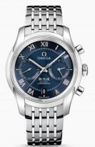 Мужские наручные часы Omega De Ville-431_10_42_51_03_001 хронограф с датой в стальном корпусе, на синем циферблате деление на две зоны, римские цифры и родиевые стрелки, стальной браслет.