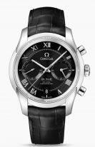 Мужские наручные часы Omega De Ville-431_13_42_51_01_001 хронограф с датой в стальном корпусе, на черном циферблате деление на две зоны, римские цифры и родиевые стрелки, черный кожаный ремешок.