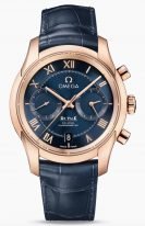 Мужские наручные часы Omega De Ville-431_53_42_51_03_001 хронограф с датой в розовом золоте, на синем циферблате деление на две зоны, золотые римские цифры и стрелки, синяя кожа кроко.
