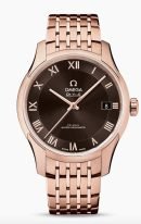 Мужские наручные часы Omega De Ville-433_50_41_21_13_001 с датой в розовом золоте, на коричневом циферблате с уникальным делением на две зоны римские цифры и золотые стрелки, браслет из розового золота.