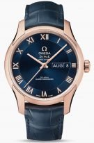 Мужские наручные часы Omega De Ville-433_53_41_22_03_001 с календарем в розовом золоте, на синем циферблате с делением на две зоны римские цифры и золотые тонкие стрелки, синяя кроко.