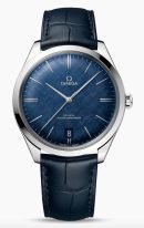 Мужские наручные часы Omega De Ville-435_13_40_21_03_001 с датой в стальном корпусе, на выпуклом синем циферблате с узором часовые метки и стрелки из белого золота, синий кроко.