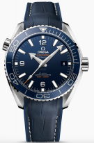 Мужские наручные часы Omega Seamaster-215_33_44_21_03_001 с датой в стальном корпусе, на синем керамическом циферблате арабские цифры и люминесцентные метки и стрелки, синий кроко ремешок.