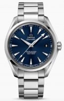 Мужские наручные часы Omega Seamaster-231_10_42_21_03_003 с датой в стальном корпусе, на синем лакированном циферблате узор из вертикальных полос в виде тика, люминесцентные часовые метки и стрелки, стальной браслет.