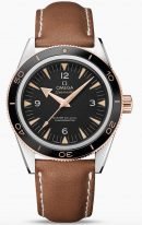 Мужские наручные часы Omega Seamaster-233_22_41_21_01_002 в биколорном корпусе (сталь/розовое золото), на черном циферблате люминесцентные золотые часовые индексы и стрелки, коричневая кожа кроко.