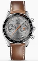 Мужские наручные часы Omega Speedmaster-329_32_44_51_06_001 хронограф в стальном корпусе, на сером циферблате с радиальным сатинированием, часовые метки и люминесцентные стрелки, коричневая кожа.