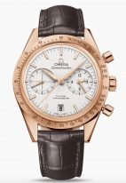 Мужские наручные часы Omega Speedmaster-331_53_42_51_02_002 хронограф с датой в розовом золоте, на серебристом циферблате золотые люминесцентные часовые метки и стрелки, коричневая кожа.