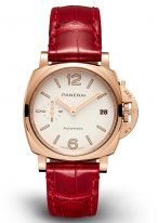 Женские классические часы Panerai Luminor Due PAM01045 в розовом золоте, белый циферблат с люминесцентными цифрами, стрелками, красная кожа кроко