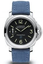 Мужские спортивные часы Panerai Luminor PAM00777 в стальном корпусе, на черном циферблате люминесцентные цифры, метки и стрелки, голубой текстильный ремешок.
