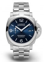 Мужские спортивные часы Panerai Luminor PAM01316 в стальном корпусе, на синем циферблате люминесцентные цифры, метки и стрелки, стальной браслет.