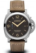 Мужские спортивные часы Panerai Luminor PAM01351 в титановом корпусе, на коричневом циферблате люминесцентные цифры, метки и стрелки, бежевый телячий ремешок.