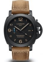 Мужские спортивные часы Panerai Luminor PAM01441 со временем второго часового пояса в корпусе из черной керамики, на черном циферблате люминесцентные арабские цифры и стрелки, бежевый телячий ремешок.