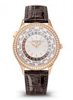 Женские классические часы Patek Philippe Complications 7130R-013 в розовом золоте с бриллиантовым рантом, функция мировое время, светлый циферблат, коричневый кроко.
