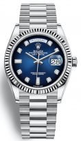 Женские/мужские часы Rolex Day Date 128 239 blue в белом золоте, на синем циферблате бриллиантовые индексы, золотой браслет President.