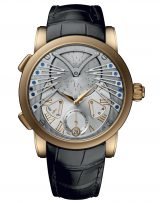 Мужские наручные часы Ulysse Nardin Classico-6902-125/VIV с музыкальным механизмом в розовом золоте, на серебристом циферблате верхняя часть напоминает кошачью мордочку с усами, а на нижней части золотые римские цифры, черный ремешок кроко.