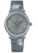 Женские наручные часы Ulysse Nardin Classico-8150-201BC/E1 в белом золоте с бриллиантовым рантом, на сером гильошированном циферблате родиевые часовые метки и родиевые стрелки, серый кроко ремешок.