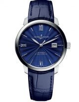 Мужские классические наручные часы Ulysse Nardin Classico-8153-111-2/E3 в стальном корпусе, на синем гильошированном циферблате родиевые часовые метки и римские цифры, люминесцентные стрелки, синий ремешок кроко.