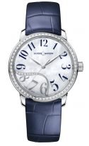 Женские наручные часы Ulysse Nardin Classico-8153-201B/60-03 в стальном корпусе с бриллиантовым рантом, на светлом перламутровом циферблате синие арабские цифры и родиевые стрелки, синий кроко ремешок.