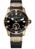 Женские наручные часы Ulysse Nardin Diver-3202-190-3C/12_12 в розовом золоте с бриллиантами, на черном циферблате люминесцентные часовые метки, бриллиантовые индексы и широкие стрелки, черный каучук с бриллиантовыми вставками.