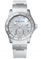 Женские наручные часы Ulysse Nardin Diver-3203-190-3/10 в стальном корпусе, на светлом перламутровом циферблате люминесцентные часовые метки, бриллиантовые индексы и широкие стрелки, белый каучук.